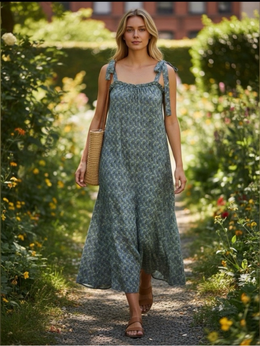 Ex Voto Iris Sundress Blue Block Print Boho Cotton Tie Strap XS S NWT
